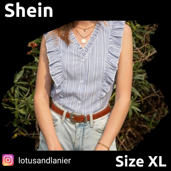 Shein Blue and White Ruffle/ Striped Blouse Size XL NWOT - Picture 1 of 6